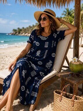 Vintage Royal Creation Navy Fish Tropical Nautical Short Sleeve Artsy Maxi Dress